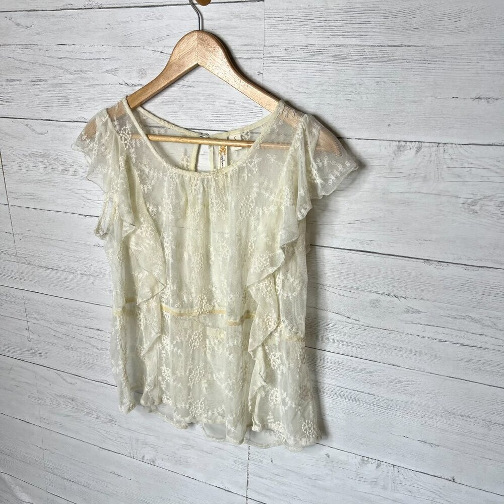 Adiva Top Womens Size Small Ivory Lace Floral Mesh Flutter Sleeves Peplum Ruffle - Picture 4 of 16